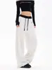 Pantalones casuales de otoño estilo coreano con logo bordado, pantalones deportivos elásticos de cintura alta, holgados y cómodos, pantalones de pierna ancha curvada que hacen que las piernas se vean rectas