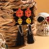 Pendientes Europeos y Americanos Transfronterizos Originales de Calavera con Borla y Cuentas de Semilla, Pendientes Personalizados Creativos de Flor de Halloween