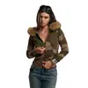 Chamarra corta de camuflaje con cuello de pelo retro INS transfronteriza de otoño con capucha, cárdigan con cremallera, sudadera corta de estilo callejero vintage para mujer