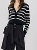Cárdigan de punto para mujer de alta calidad, estilo europeo y americano, nuevo para otoño 2026, con cuello en V, de un solo botón, a rayas y diseño elegante con mangas largas