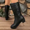 Botas de Cuero de Comercio Exterior para Mujeres de Mediana Edad, Zapatos de Mamá, Zapatos de Algodón, Botas de Media Pantorrilla, Tacón Grueso, Tacón Medio, Botas Martin con Forro de Felpa Otoño e Invierno para Mujeres