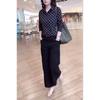 9977 Da Ai Mei Yuan 2025 Primavera Nova Moda Gola Reversível Poá Manga Longa Blusa Moda Calça Wide-Leg Roupa Feminina