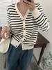 Suéter Cardigan de Punto Negro y Blanco Rayado Holgado Casual Retro Cuello en V Aspecto Adelgazante Top Chaqueta para Mujer Otoño e Invierno 2026