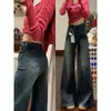 Calça Jeans Flare Azul Escuro Estilo Americano para Mulheres, Nova Coleção de Primavera, Tamanho Grande com Design Solto, Calça Reta de Perna Larga