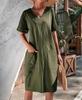 Spot fashion Novo 2023 Verão Europeu e Americano temperamento feminino colagem manga curta V-neck vestido A-line saia fábrica outlet