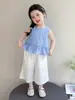 Conjunto de Colete Casual Xadrez Estilo Coreano para Meninas 2026 Nova Moda de Verão Crianças Verão Fino Outdoor Calça de Perna Larga