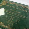 Convite de casamento de veludo verde escuro com duas portas e emblema de coroa vintage, cartão principal em acrílico com carimbo dourado, convite de casamento
