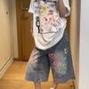 Pantalones Cortos de Mezclilla Estilo Graffiti Americano High Street para Hombres y Mujeres, Shorts de Pierna Ancha Rectos Sueltos de Moda para Verano, Shorts de Nuevo Estilo 2025