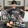Pijama para Hombre Manga Larga Algodón Puro Primavera y Otoño Delgado Estudiante Joven Dibujos Animados Ropa de Casa Holgado Tallas Grandes Traje
