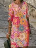 Vestido de Verão Feminino 2026 Exclusivo Transfronteiriço Estilo Praiano Estampado Solto Decote V Manga Média Corte Reto para Férias