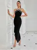 Vestido de Bandagem de Alta Qualidade Personalizado Estilo Europeu e Americano com Tecido Elástico, Vestido de Noite com Alças Finas Embelezado com Strass, Vestido Urbano Versátil