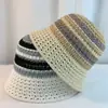 Chapéu de Pescador Tricotado Listrado de Verão com Recortes para Mulheres, Chapéu Protetor Solar para Férias na Praia, Chapéu Balde Fashionável Versátil Respirável