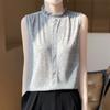 Camisola de punto de lana peinada para mujer, con encaje, cuello alto, sin mangas, holgada, con base interior