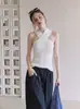 Camisola de punto cruzada estilo francés para mujer, top de verano ajustado sin mangas de alta gama con hombros descubiertos 10642