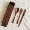Set de Vajilla Portátil de Nogal Negro Vintage para Uso Doméstico - Cuchara de Madera, Tenedor, Palillos, Estuche de Almacenamiento - Especial para Estudiantes, Viajeros y Trabajadores de Oficina
