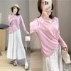Blusa Leve Macia de Manga Longa BI Macaron Lazy com Abertura em T e Decote V para Viagem, Pulôver Solto que Cobre a Barriga