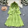 Vestido Retro Francés de Manga Larga para Mujer en Verano con Lazo de Flor Tridimensional, Único y Hermoso, Falda Larga de Gran Vuelo