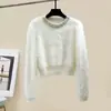 Tricô de Veludo de Visão Estilo Francês Cor Lisa com Contas Gola Redonda 2025 Outono e Inverno Novo Estilo Tricô Estilo Estrangeiro Suéter Feminino