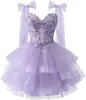 Vestidos de Tule em Camadas para Formatura Aplicações de Renda Brilhantes Alças de Laço Vestidos Curtos de Baile para Meninas