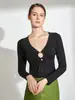 [En Stock] Nueva Camiseta de Manga Larga para Mujer con Escote Amplio, Corte Ajustado, Cuello en V, Top de Capa Base Tendencia