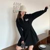 Diseño Estilo Hepburn Otoño e Invierno, Vestido Sudadera Negro que Disimula el Vientre, Cuello Polo de Nicho, Ceñido a la Cintura, Adelgazante, Vestido Estilo Universitario