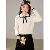 Suéter Cinza com Laço Outono/Inverno Novo Estilo College Gola Grossa Tricô Top Curto para Baixinhas