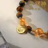 Pulsera de Ojo de Tigre Natural Dios de la Riqueza Amarillo con Cuentas Talladas, Pulsera Chapada en Oro, Pulsera Dorada de Cristal Amarillo, Joyería de Estilo Antiguo de Nicho