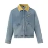 Chaqueta de mezclilla punk retro desgastada para hombre, marca de moda para primavera y otoño, con detalles de orejas de gato, bordes deshilachados, color contrastante, cuello de solapa, abrigo de estilo corto