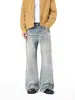 Roupas Masculinas Fengshe / Calça Jeans Rasgada Retro Americana com Efeito Olho de Gato e Padrão de Bambu, Calça Casual Tendência Unissex de Perna Reta Levemente Flare