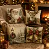 Funda de Almohada Estampada Navideña Vintage con Patrón de Reno y Campana Funda de Cojín Cuadrada para Decoración Festiva del Hogar Tela Suave Decoración