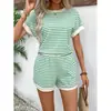 En stock primavera, verano, otoño Shein AliExpress TK Transfronterizo europeo y americano Conjunto de camiseta a rayas y pantalones cortos de punto