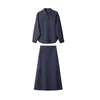 Traje Azul Marino Estilo Coreano para Mujer en Otoño Nuevo Ropa de Trabajo Holgada Elegante Camisa Perezosa Falda Traje de Falda de Dos Piezas