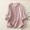 Top de punto casual de verano, estilo simple, algodón y lino con bordado pesado, manga corta, nueva camiseta versátil de manga media con cuello alto
