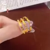 Anillo de Trébol de Cuatro Hojas Brillante CNC de Precisión Guan Guan, Diseño Único, Dorado Brillante, Anillo para Dedo Índice de Lujo Ligero para Mujer, Anillo Chapado en Oro Cobre