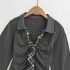 Camiseta Gris de Hombro Derecho con Cuello en V y Mangas Largas para Mujer Otoño Temprano Cuadros Corbata Diseño de Cintura Delgada Top Corto Sexy