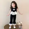 Conjunto de Pantalones Acampanados Negros con Volantes de Verano para Niñas 2025 Nuevo Estilo Dulce Conjunto de Dos Piezas sin Mangas para Niñas Pequeñas