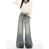 Pantalones Acampanados de Mezclilla Lavada Amarilla Vintage para Mujer, Nuevo Estilo Americano de Cintura Baja Street Slimming Pantalones Acampanados Lavados Sueltos