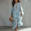 Elegante y estilizado vestido largo con volantes, vestido de estilo francés para mujer, con mangas tipo linterna, abalorios de alta gama, una silueta en A y cuello redondo, con corte holgado