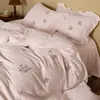 Renda delicada, pele macia e glutinosa, amigável à pele, lavável, gaze de camada dupla, algodão puro, conjunto de quatro peças, flores bordadas rosa suave, roupa de cama de algodão puro