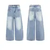 Calça Jeans com Estampa de Bambu Lavada para Homens e Mulheres, Adequada para Todas as Estações, Marca Nova e Moderna, Estilo Calça Longa Wide-Leg Azul Solta