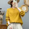 Camisa de manga larga de gasa de algodón de doble capa para mujer con cuello mao pequeño, de alta calidad, básica, simple y versátil para exportación