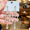 Aretes colgantes florales estilo francés, totalmente de diamantes con borlas, estilo corte vintage, largos, con forma de estrella, aretes brillantes de diamantes para uso formal y novias