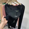Tricô Feminino Outono Novo Elegante Laço Fenda Lateral Emagrecimento Temperamento Irregular Top
