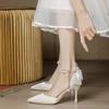 Tacones Altos de Aguja de Punta Estilo Hada Delgado para Mujer 2025 Verano Nuevo Sandalias de Perlas de Punta Francesa