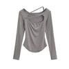 Camiseta de manga larga con cuello cruzado y cintura curva para mujer, estilo retro, con lazo calado, estilo viento puro, primavera y otoño, 2024
