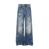 Pantalones vaqueros desgastados con lavado degradado para hombre, estilo punk vintage de pierna ancha suelta con pliegues de rayo y bordes deshilachados, pantalones de pierna recta