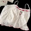 Pijama de alça fina de verão para mulheres com bojo, estilo Ins de verão, estilo japonês, falso conjunto de duas peças, doce, para casa, conjunto de duas peças