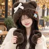 Gorro de peluche con lazo de orejas de oso para mujer, a prueba de viento, resistente al frío, protege los oídos, cálido, con doble cordón, lindo