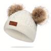 Nuevo otoño e invierno para niños gorro de lana jacquard de doble pompón fabricantes en stock color sólido etiqueta de cuero trenzado cálido gorro de bebé