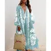 Vestido de Moda Europea y Americana Transfronterizo 2025 para Mujer, Holgado, de Manga Larga, con Cordones, Cuello en V, Estampado, Dobladillo Ancho